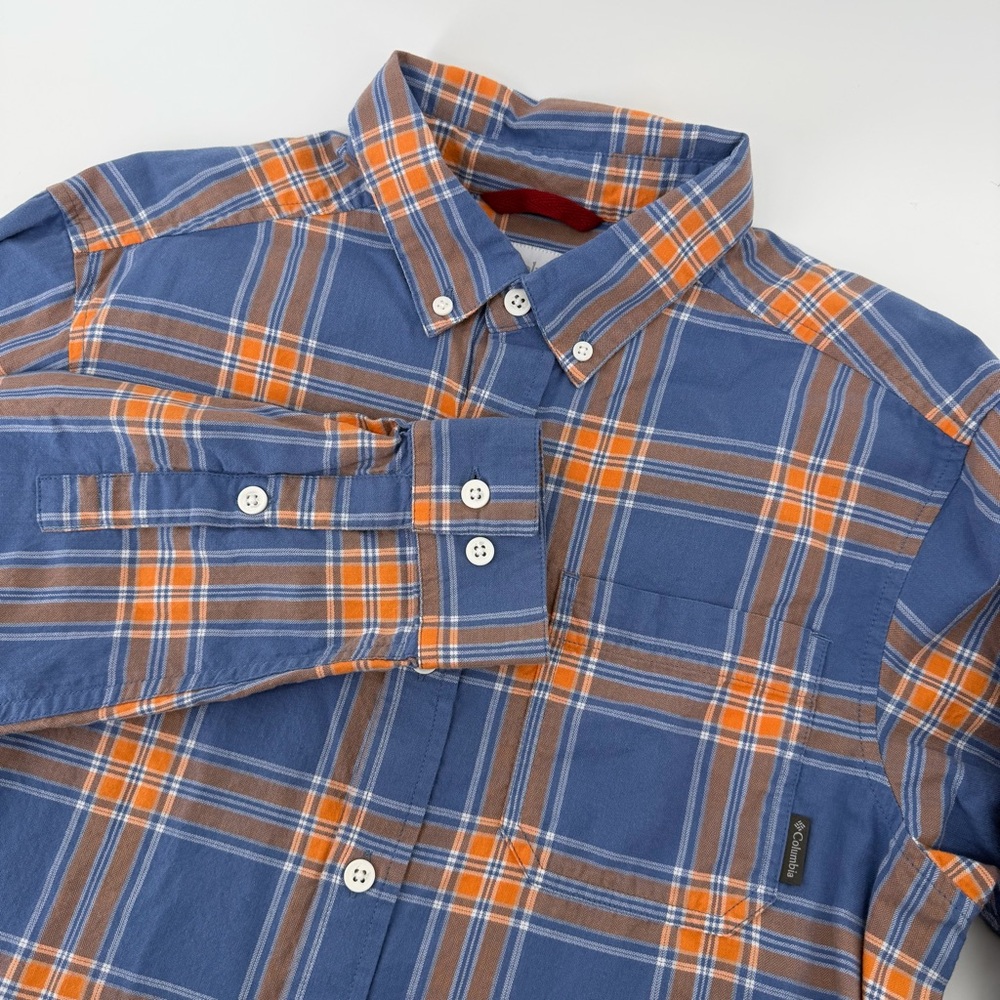 Columbia Men’s Plaid Button Down Shirt 100% Cotton Blue Orange Long Sleeve Small